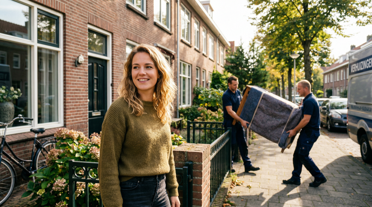 Blije klant op straat met verhuizers op achtergrond