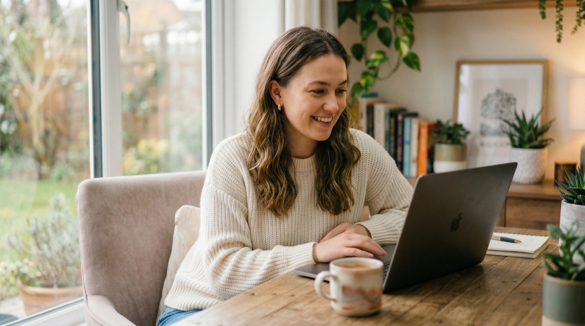 Tevreden klant vergelijkt verhuisbedrijven op laptop