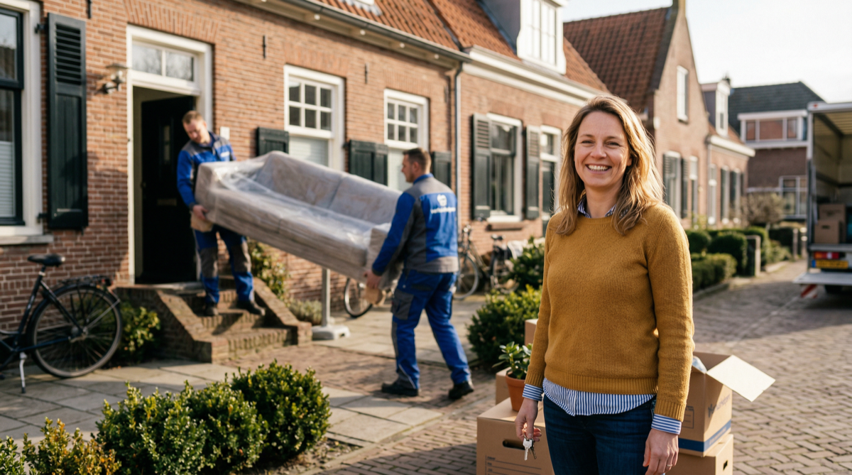 Tevreden klant met sleutel terwijl verhuizers op achtergrond werken