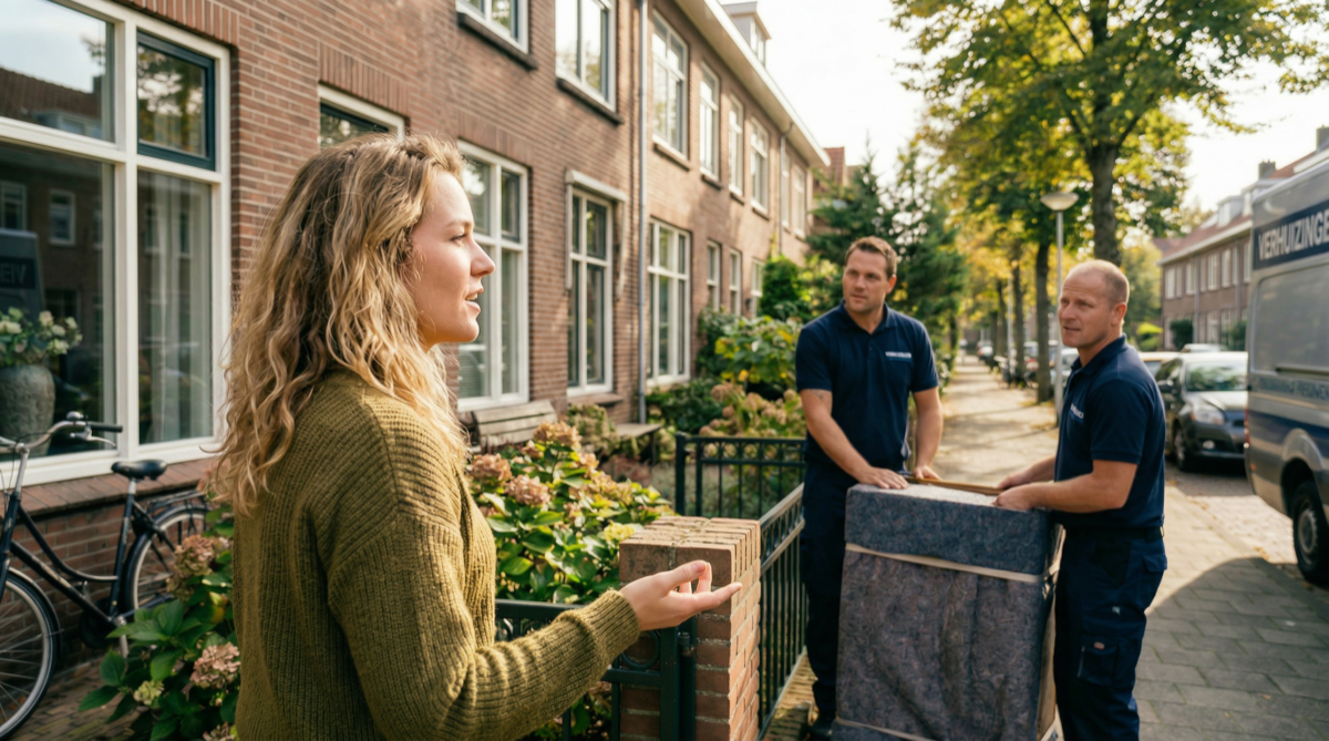 Klant in gesprek met verhuizers op straat