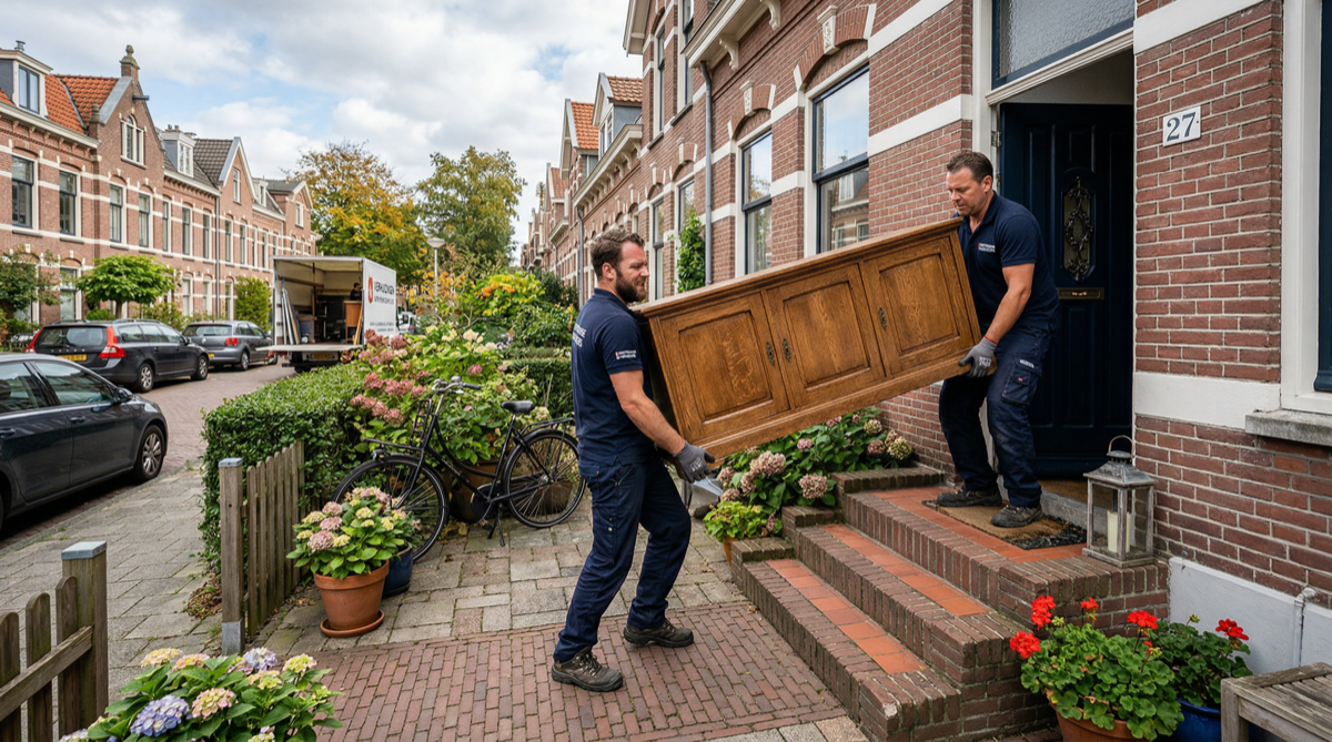 Verhuizers tillen kast uit woning op straat