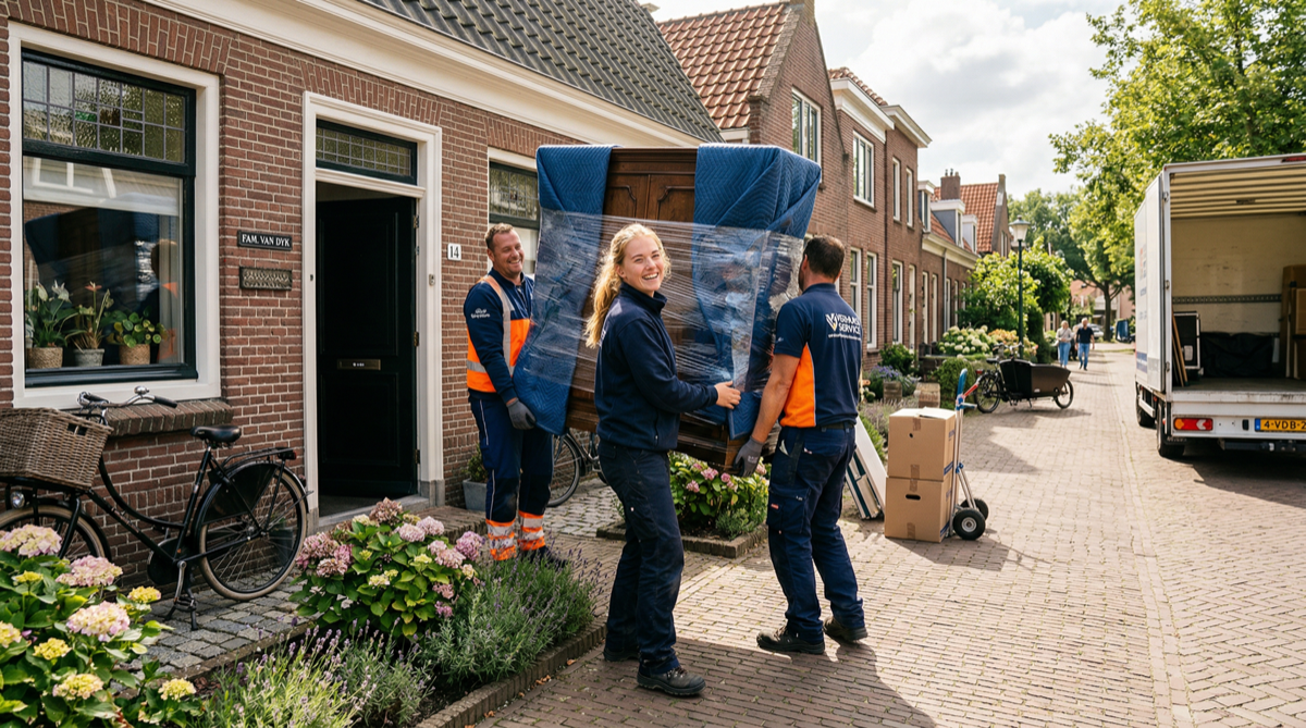 Verhuisteam draagt meubel naar verhuiswagen